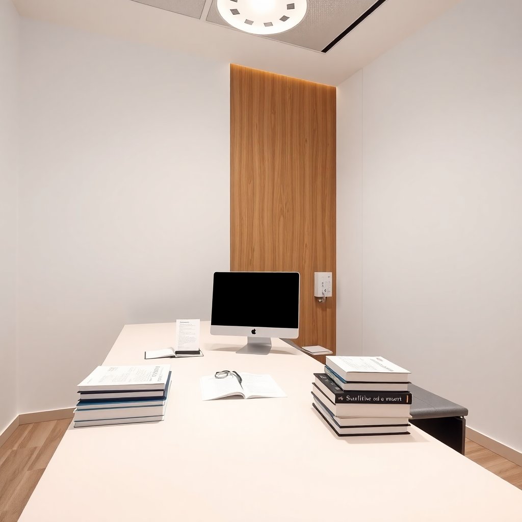 Modern medical consultation desk with a computer and medical books, professional lighting, clean minimal office style, calm atmosphere.