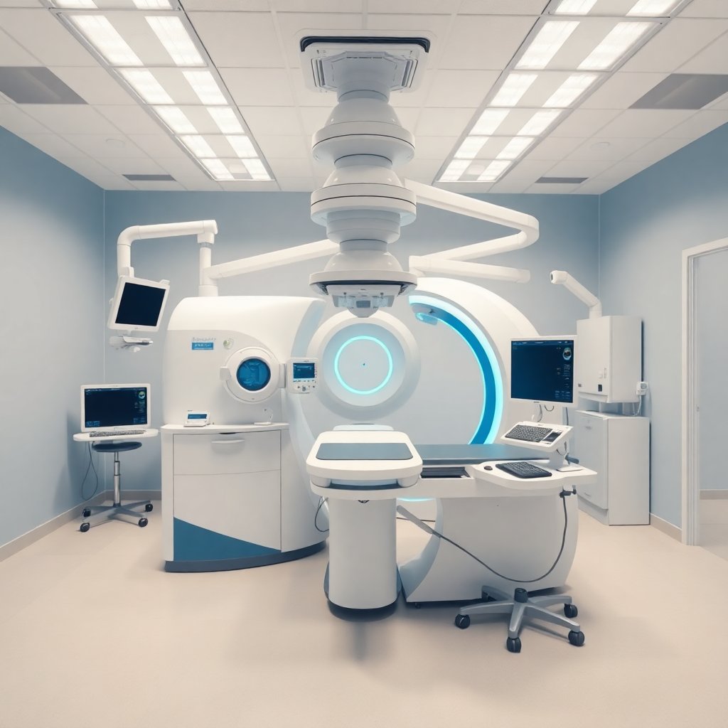 Detailed shot of modern diagnostic medical equipment in a bright office, high-tech devices, sterile environment, blue and white colors.