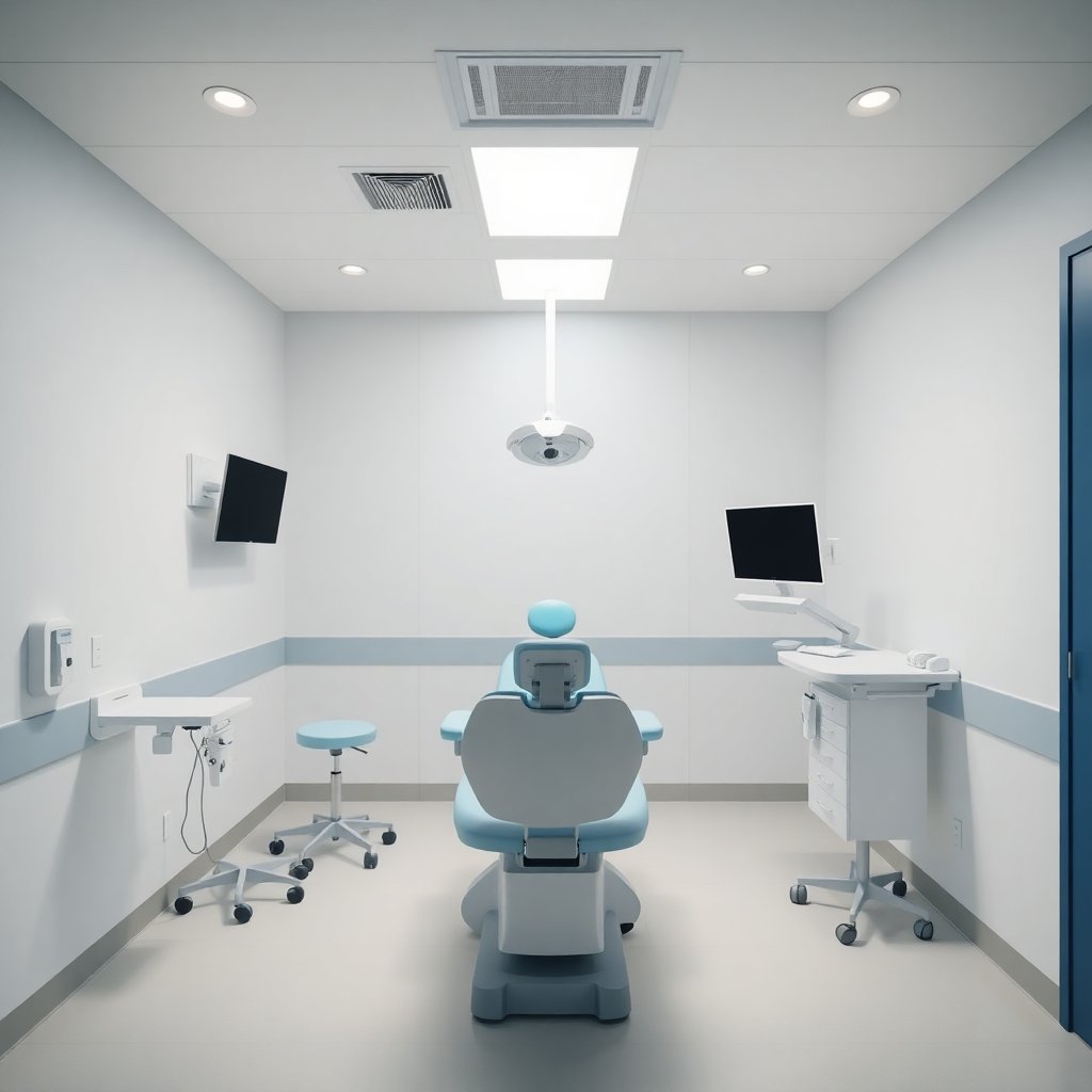 Interior of a modern medical examination room, clean white walls, professional medical chair, subtle blue accents, high-tech medical environment.