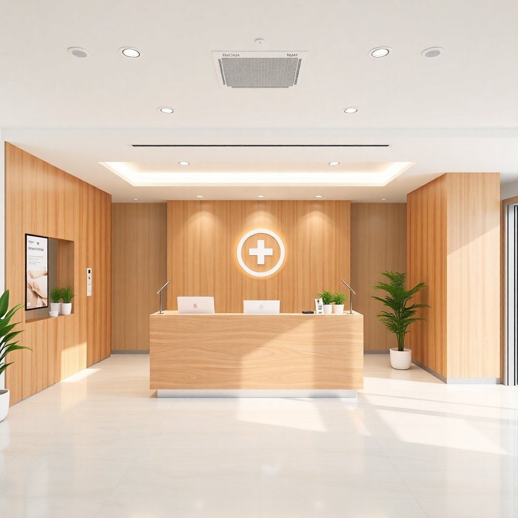 Modern medical reception desk, friendly atmosphere, minimalist design, light wood and white colors, professional medical environment.