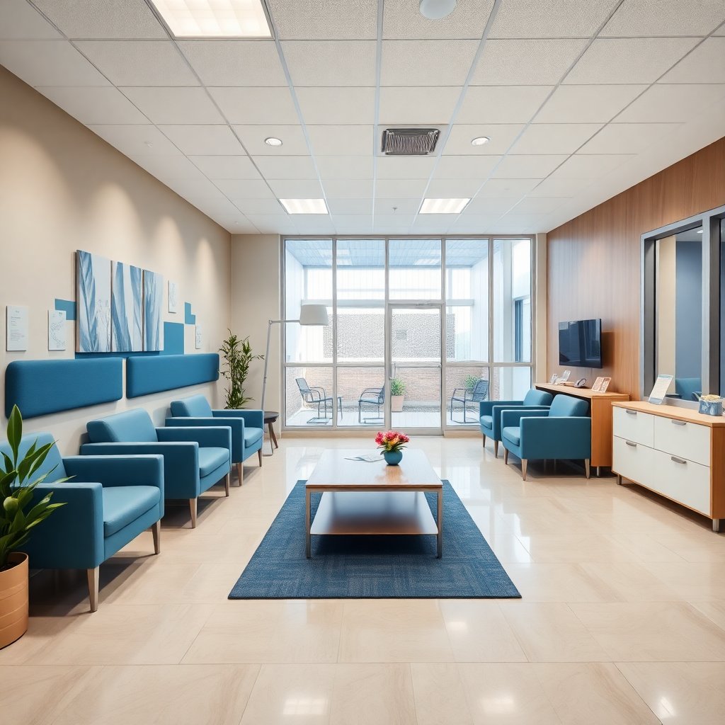 Photo of a welcoming medical waiting room, modern furniture, clean design, blue accents, professional lighting, bright and airy atmosphere.