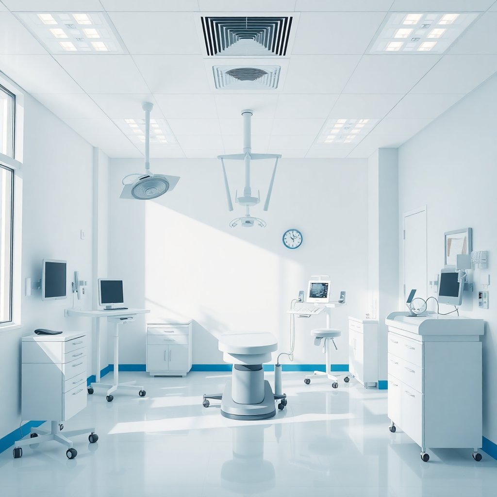 High-quality professional photography of a modern, bright and clean medical office interior, minimalist medical equipment, soft natural light, professional and welcoming atmosphere, blue and white color palette, 4k resolution, sharp focus on the environment.
